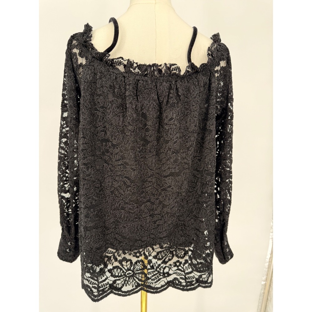 eri ali‎ Black Lace Off Shoulder Ruffle Long Sleeve Top Women's Medium